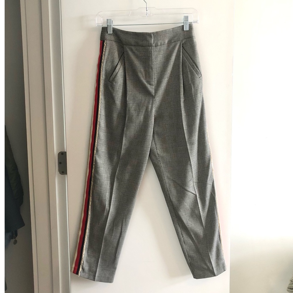 Topshop Gray Plaid Trousers with Red Stripe